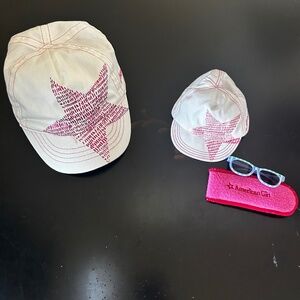 2 American Girl Baseball Caps and pair of sunglasses with case.